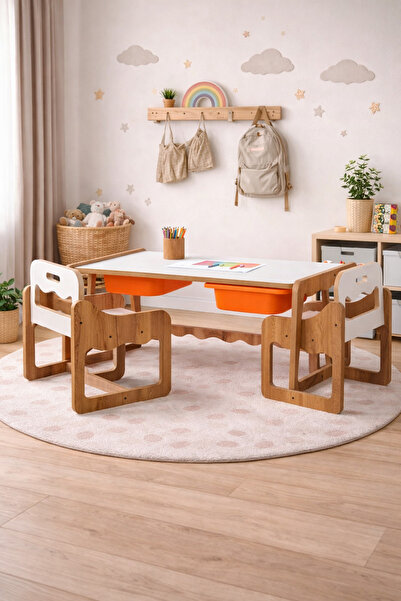 Industrial Living Montessori 2 Kişilik Masa Sandalye Takımı, 18mm Ceviz-Beyaz...