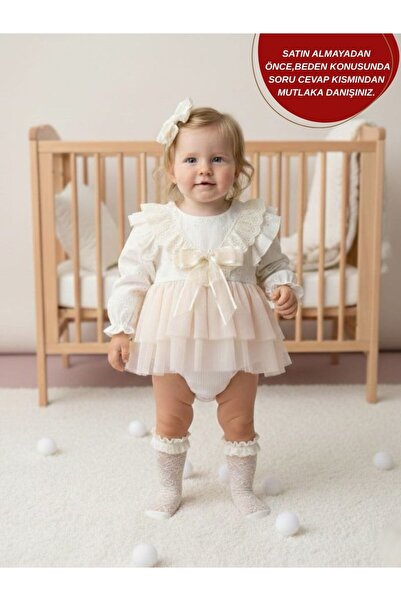 aysskids ELİSE Krem Yumuşak Tütü Romper Uzun Kollu Kız Bebek Elbise