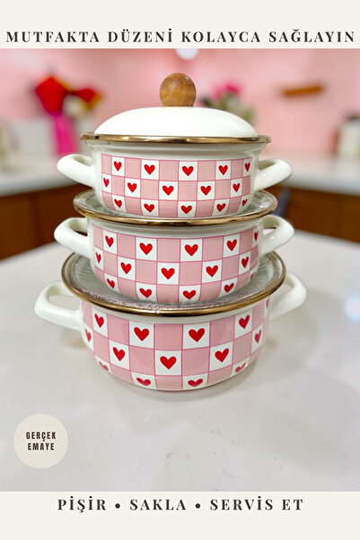 Emparlahome Enamel 3-Piece Cooking and Storage Pot Set Heart Pink (12-14-16 c...