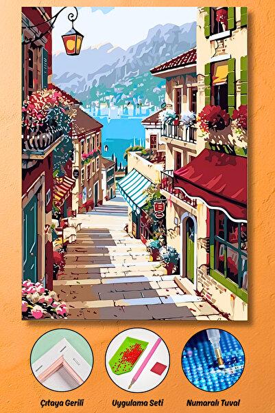 HONDEP 5D Elmas Boyama Seti – Taş Sokak ve Deniz Manzarası | 40x50 cm- Tuvale...