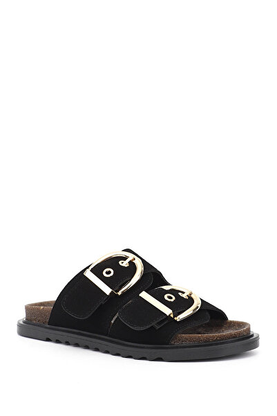 GÖNDERİ(R) Negru pentru femei piele întoarsă pereche cu cataramă papuci