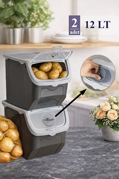 Mutfak Köşesi Coral 12 Litre 2'li Soğan Patates Saklama Kutusu Siyah-gri Pata...
