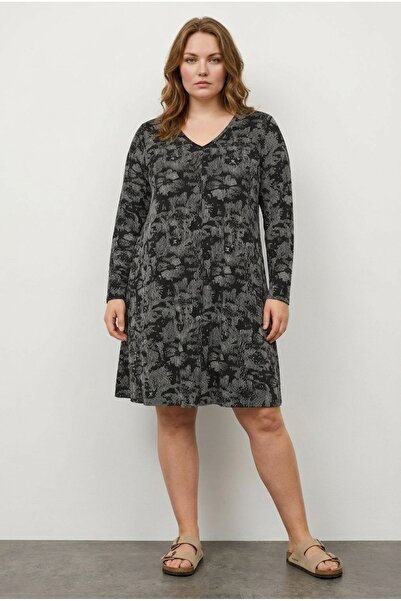 Stil Diva Plus Size V-Neck Long Sleeve Patterned Midi Length Lycra Viscose Dr...