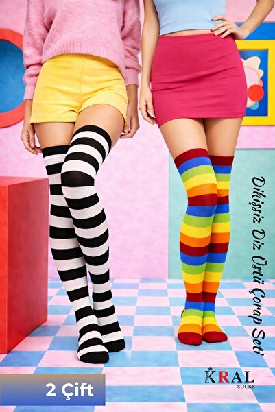 KRAL SOCKS جوارب نسائية للركبة (زوجين) كاجوال من القطن المخطط الصلب فوق الركب...