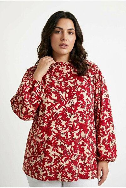 Stil Diva Büyük Beden Yakası Büzgülü Uzun Kollu Desenli Likralı Viskon Bluz E...