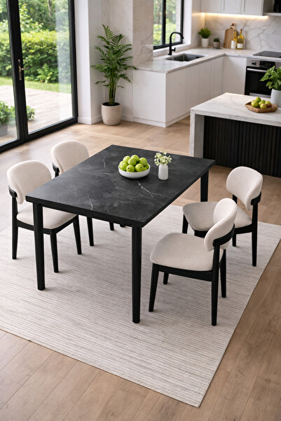 Lif Mobilya 4 Kişilik Polo Sandalye Yemek Takımı Mermer Desen MDF Masa Metal ...