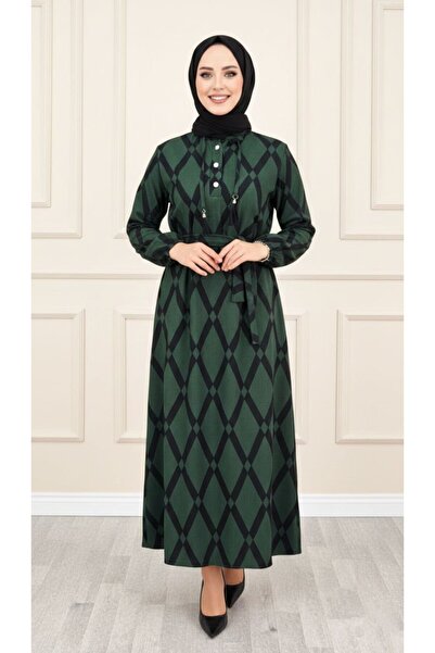 ALYA DURU ELBİSE Haki Karin Kumaş Baklava Desen Düğme Detaylı ve Kemerli Elbise
