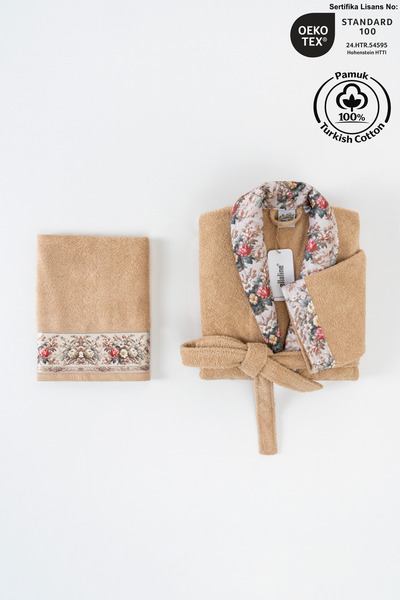 Ellaline طقم روب حمام بنقشة زهور من FIORE، 100% قطن معتمد، قطعتين، لون بيج