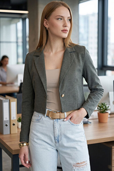 armonika Kadın Haki Tek Düğmeli Crop Ceket ARM-23Y001064