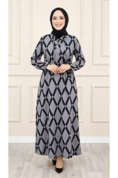 ALYA DURU ELBİSE Gri Karin Kumaş Baklava Desen Düğme Detaylı ve Kemerli Elbise