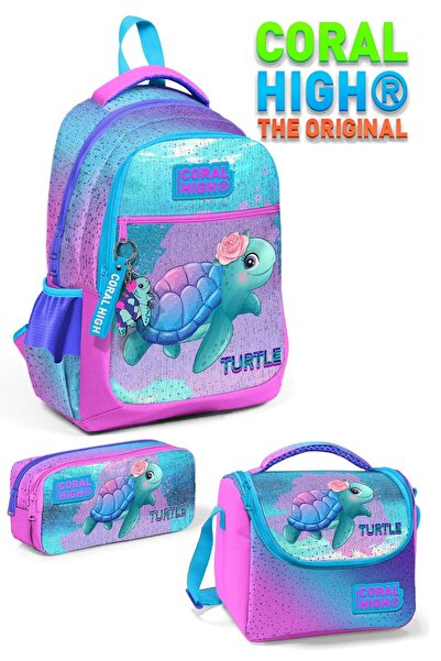 Coral High Kaplumbağa Desenli Üç Bölmeli Okul Çantası Beslenme Kalemlik 3 lü ...