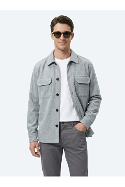 Kip Gray Plain Regular Fit Woven Overshirt