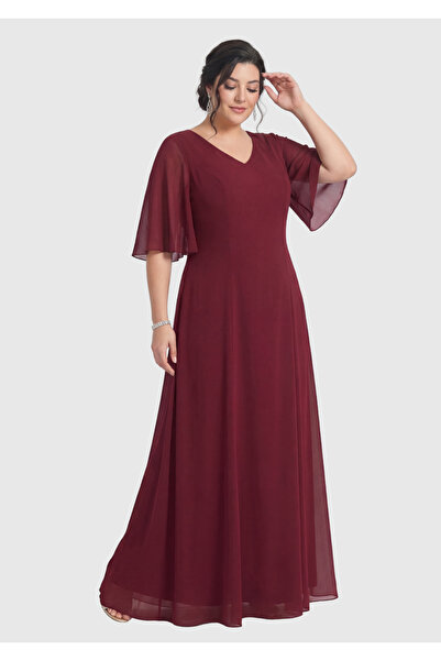 LİLAS XXL Büyük Beden Bordo Renkli Uzun Şifon Abiye Elbise