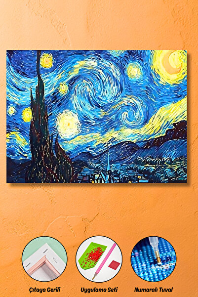 HONDEP 5D Elmas Boyama – Van Gogh Yıldızlı Gece | 40x50cm - Tuvale Gerili Dia...