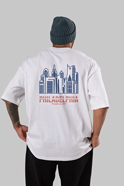 Ankhises Filadelfija Leđa Štampano Bela Oversize kroj T-shirt Unisex Muškarci...
