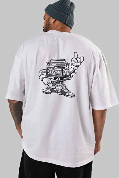 Ankhises Boombox Rockstar Back Štampano Bela Oversize kroj T-shirt Unisex Muš...