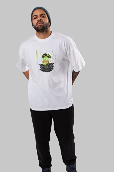 Ankhises Tišina je zlato Prednja strana Štampano Bela Oversize kroj T-shirt U...