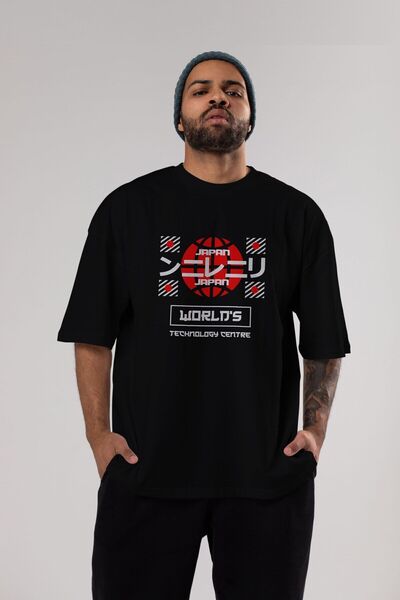 Ankhises Worlds Technology Center Front Štampano Crna Oversize kroj T-shirt U...