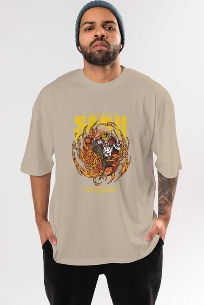 Ankhises Vinsmoke Sanji Anime Front Štampano Bež Oversize kroj T-shirt Muškar...