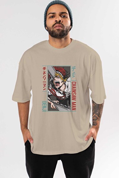 Ankhises Denji Chainsaw Man Anime Bež Oversize kroj T-shirt - Muškarci Žene