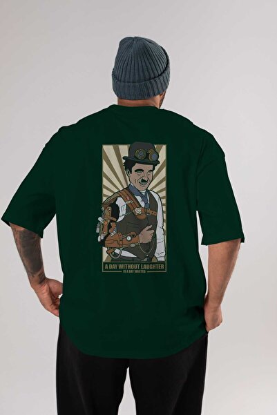 Ankhises Tricou oversize Steampunk Chaplin cu imprimeu pe spate verde smarald...