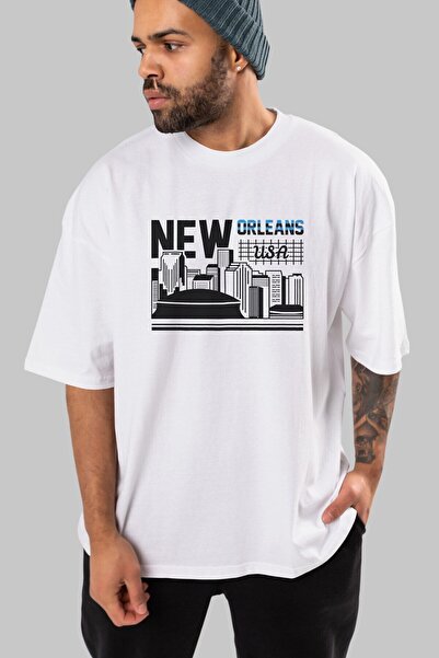 Ankhises New Orleans μπροστινό εμπριμέ λευκό μπλουζάκι υπερμεγέθη Unisex ανδρ...