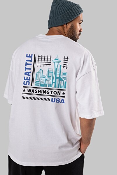 Ankhises Seattle Back Štampano Bela Oversize kroj T-shirt Unisex Muškarci Žen...