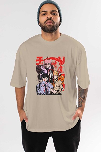 Ankhises CHAINSAWMAN CREW Anime Front Štampano Bež Oversize kroj T-shirt Mušk...