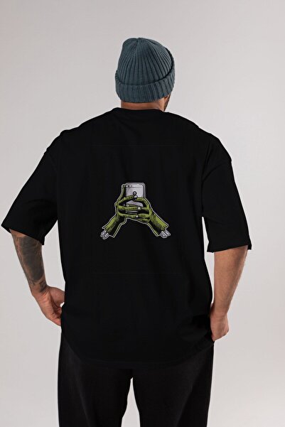 Ankhises Zombi telefon nazad Štampano crna Oversize kroj T-shirt unisex muška...