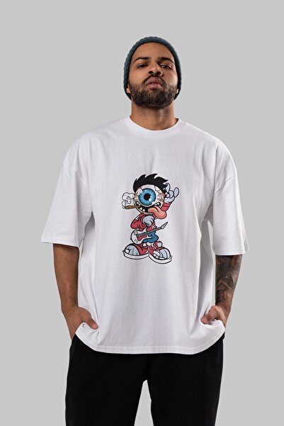Ankhises Eyeball Rockstar Front Štampano Bela Oversize kroj T-shirt Unisex Mu...