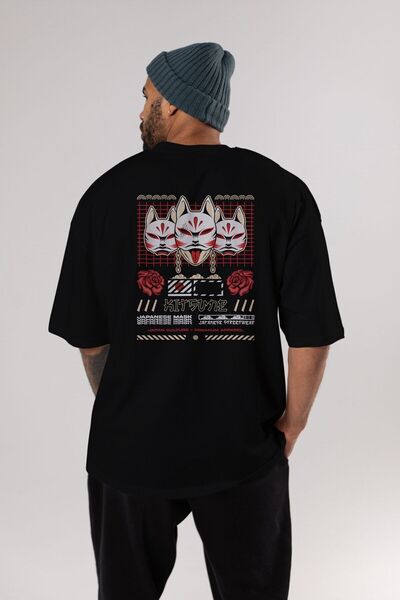 Ankhises Kitsune japanska maska Arka Štampano crna Oversize kroj T-shirt unis...