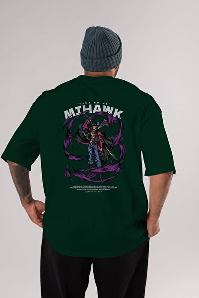 Ankhises Mihawk Anime Back Štampano Emerald Green Oversize kroj T-shirt Pamuk...