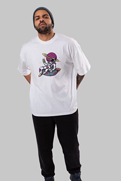 Ankhises Astronaut Beer Front Štampano Bela Oversize kroj T-shirt Muškarci Že...