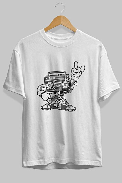 Ankhises Boombox Rockstar Front Štampano Bela Oversize kroj T-shirt Unisex Mu...