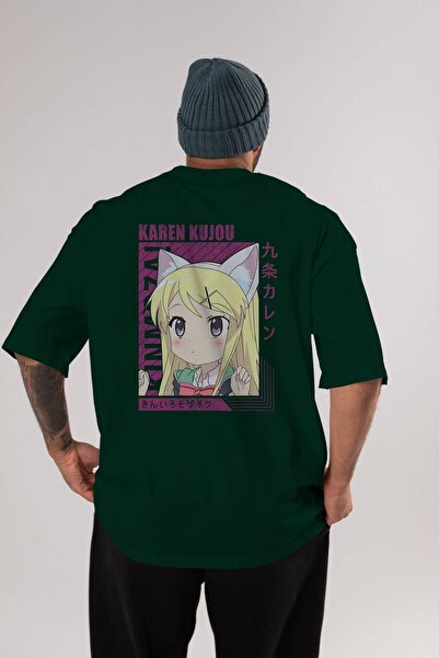 Ankhises Karen Kujou 4 Anime Back Štampano Emerald Green Oversize kroj T-shir...