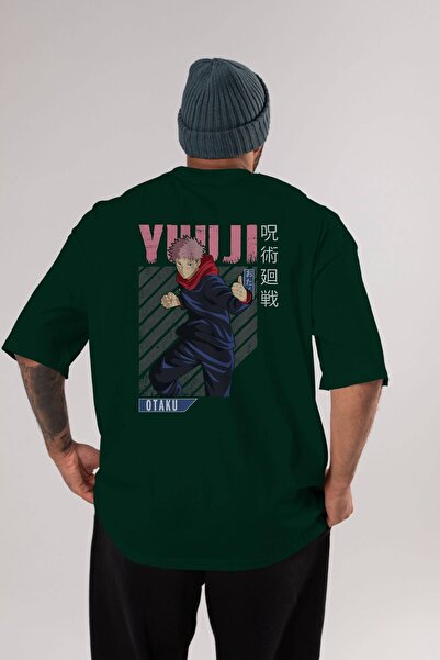 Ankhises Yuuji Itadori Anime Back Štampano Emerald Green Oversize kroj T-shir...