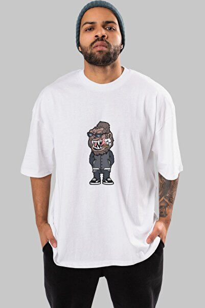 Ankhises Gorilla Street Style Prednja strana Štampano Bela Oversize kroj T-sh...