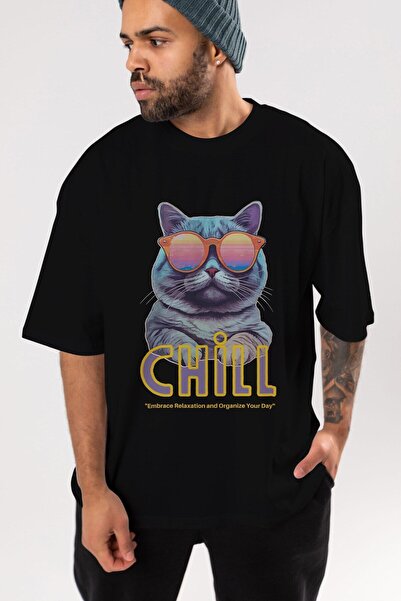 Ankhises Chill Cat Front Štampano Crna Oversize kroj T-shirt Unisex Muškarci ...