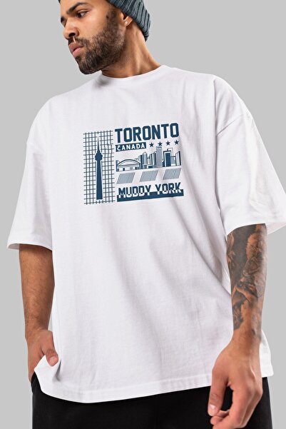 Ankhises تي شيرت تورونتو أبيض كبير الحجم مطبوع من الأمام للجنسين للرجال والنس...