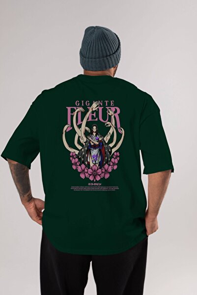 Ankhises Gigante Fleur Anime Back Štampano Emerald Green Oversize kroj T-shir...