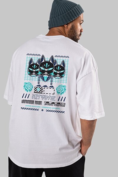 Ankhises Kitsune japanska maska Arka Štampano bela Oversize kroj T-shirt unis...