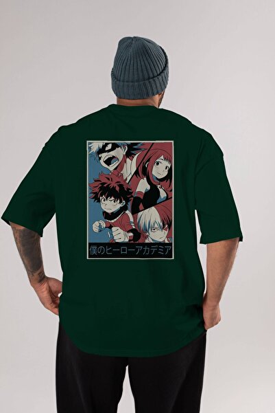 Ankhises BokuNoHero Anime Back Štampano Emerald Green Oversize kroj T-shirt P...