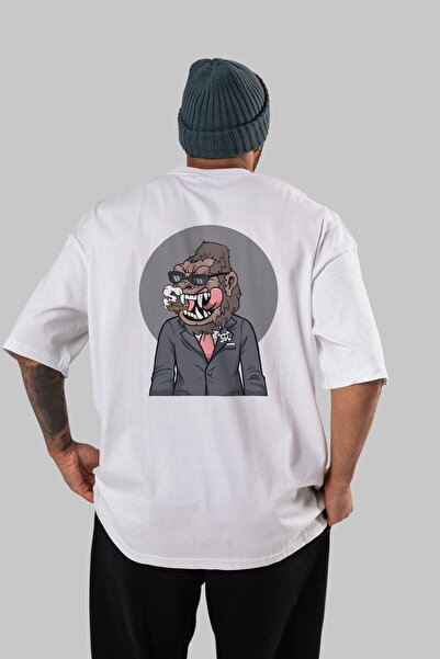 Ankhises Monkey Suits Back Štampano Bela Oversize kroj T-shirt Unisex Muškarc...