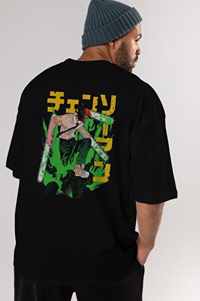 Ankhises CHAINSAWMAN DENJI Anime Back Printed Μαύρο μπλουζάκι Oversize Ανδρικ...