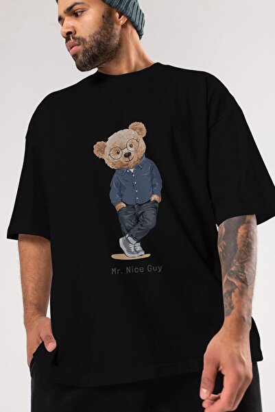 Ankhises Teddy Bear Mr. Nice Guy μπροστινό εμπριμέ μαύρο μπλουζάκι oversize α...