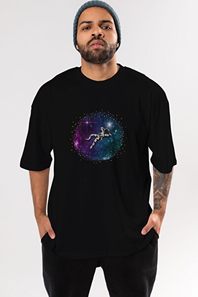 Ankhises Galaxy Astronaut Front Štampano Unisex crna Oversize kroj T-shirt - ...