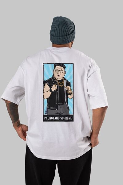 Ankhises Kim Džong Un Štampano Bela Oversize kroj Unisex T-shirt - okrugla kr...