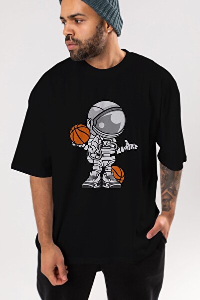 Ankhises Astronaut Košarkaš Prednja Štampano Crna Oversize kroj T-shirt Unise...
