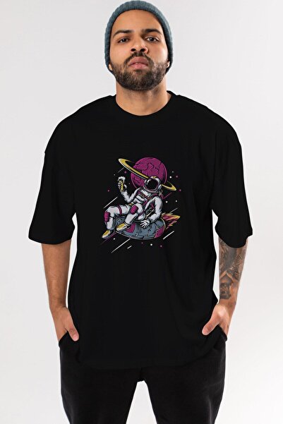 Ankhises Astronaut Beer Front Štampano Crna Oversize kroj T-shirt Unisex Mušk...