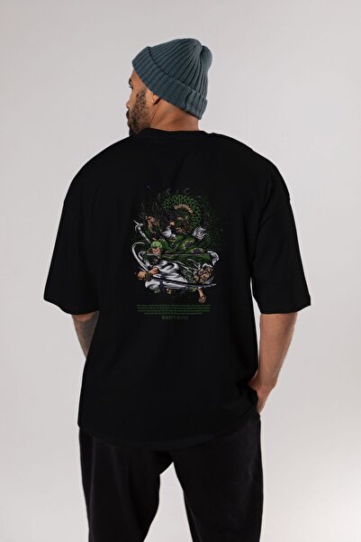 Ankhises Zoro-ONE PIECE Anime Arka Baskılı Siyah Oversize t-shirt Erkek Kadın